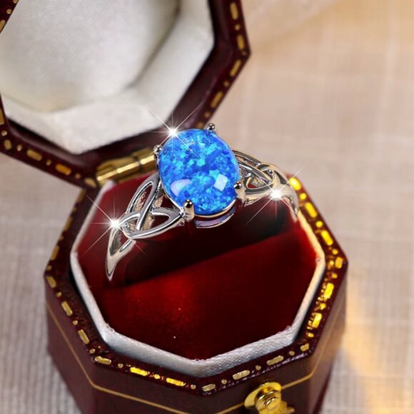 NEW 14k White Gold Blue Opal Diamond Ring Oval Cut Ring - Picture 3 of 4